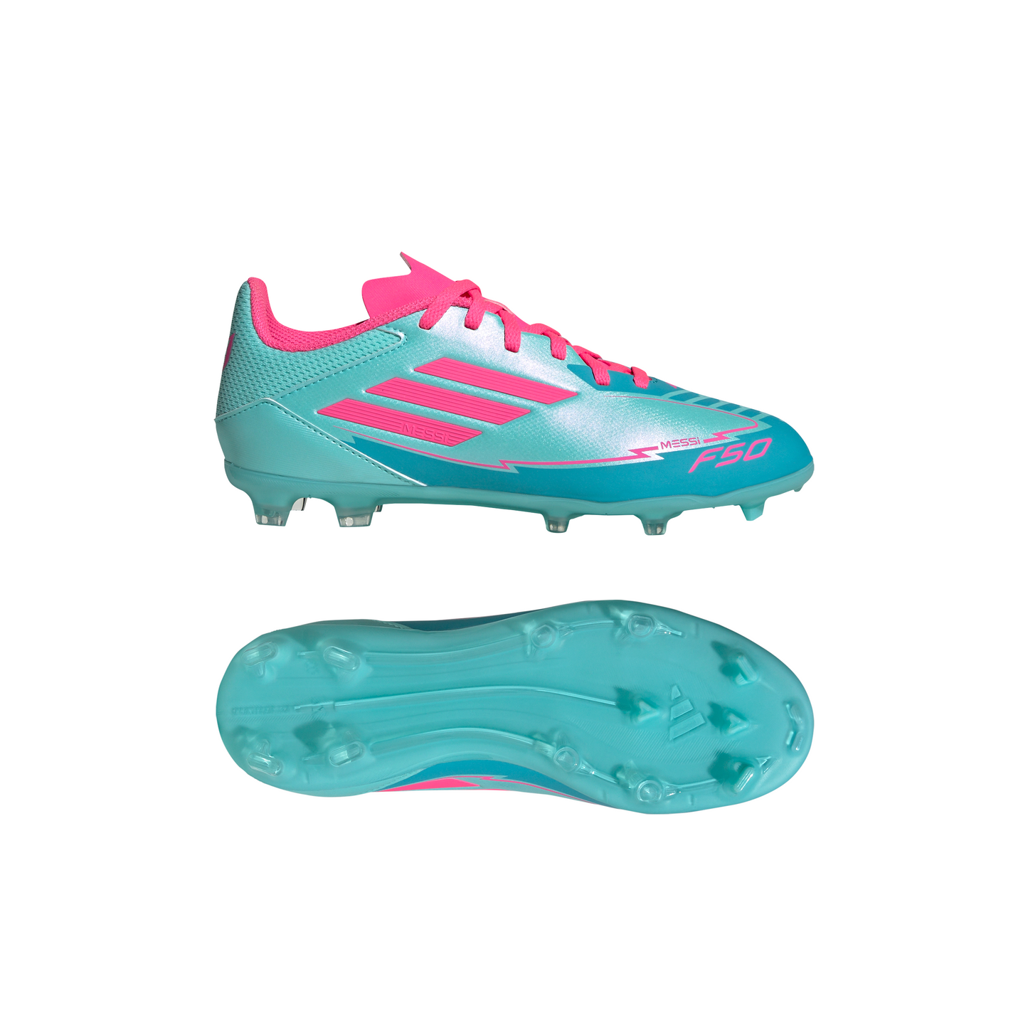 adidas Messi F50 League Junior FG Firm Ground Soccer Cleats - Flash Aqua /Lucid Pink/Lucid Cyan