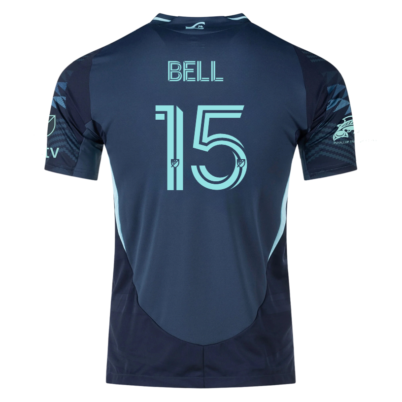 adidas J. Bell Seattle Sounders Authentic Away Jersey 25/26 w/ MLS Patches & Sponsor (Aura Ink)