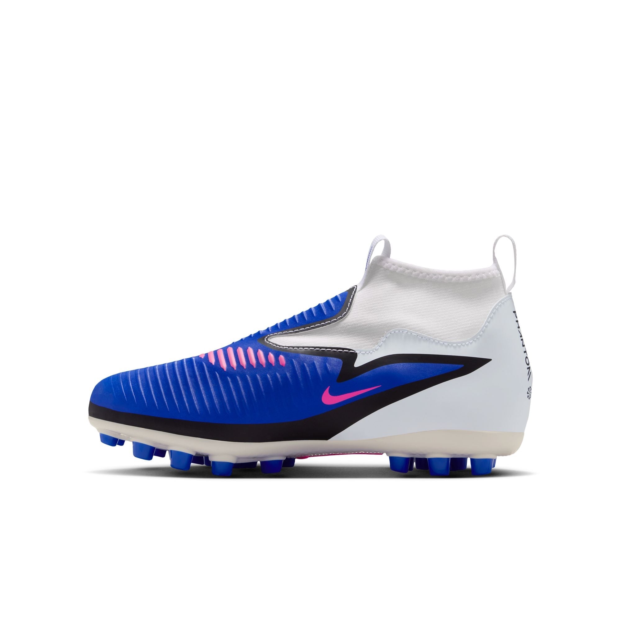 Nike Junior Phantom 6 High Academy FG Firm Ground Soccer Cleats- Racer Blue/Pink Blast/White