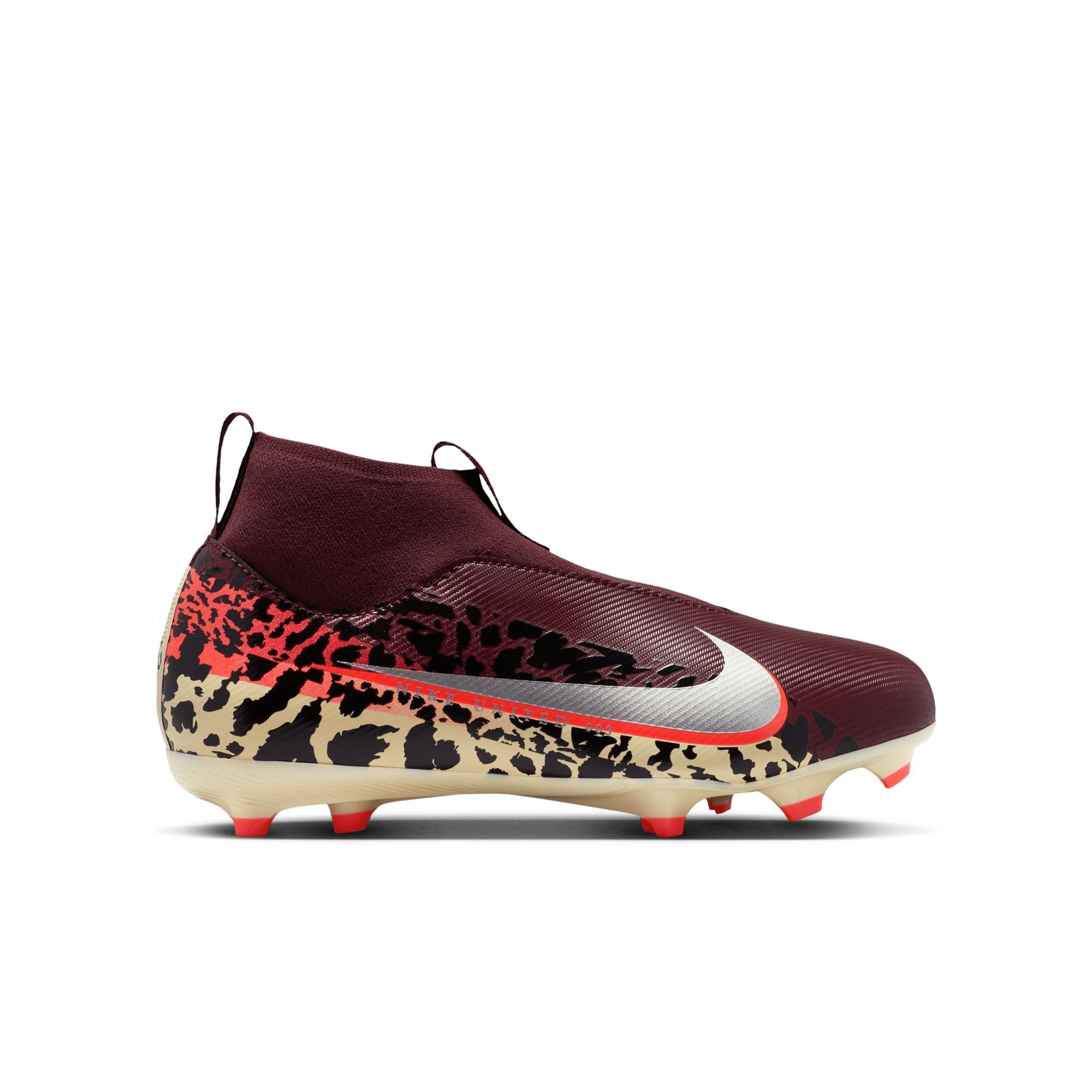 Nike United Junior Zoom Mercurial Superfly 10 Academy FG Firm Ground Soccer Cleats- Burgundy Crush/Metallic Silver