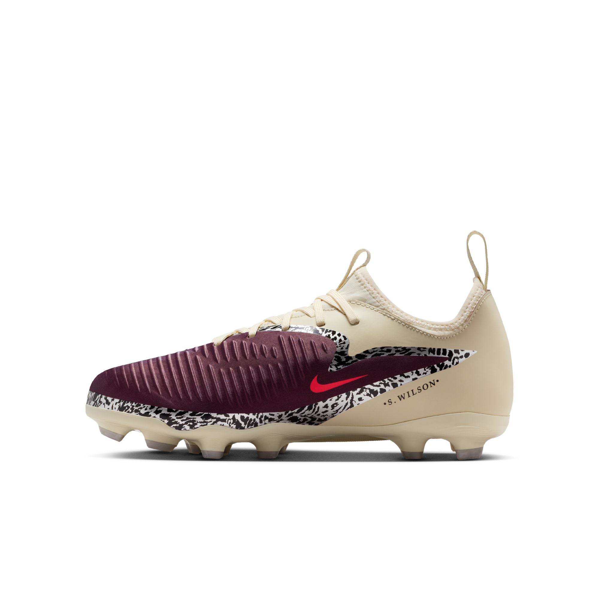 Nike United Junior Phantom 6 Low Academy FG Firm Ground Soccer Cleats- Burgundy Crush/University Red/Fossil