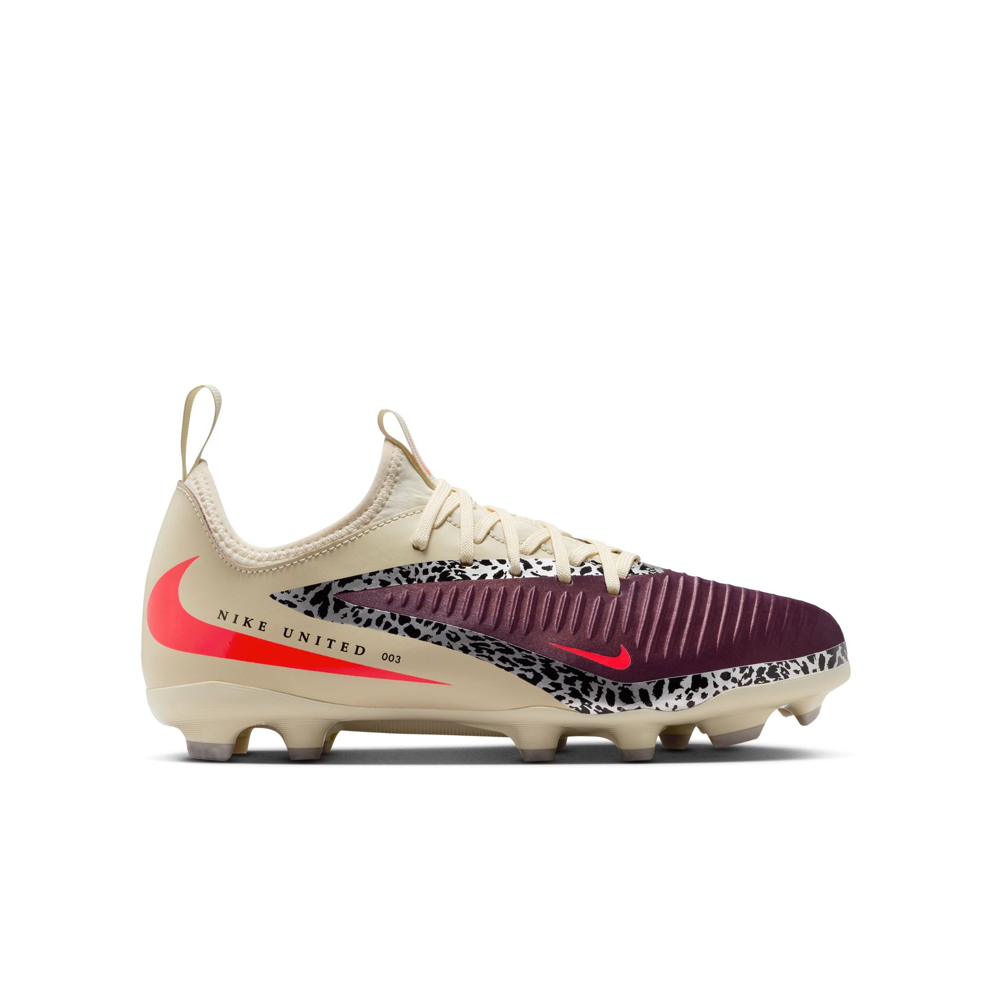 Nike United Junior Phantom 6 Low Academy FG Firm Ground Soccer Cleats- Burgundy Crush/University Red/Fossil