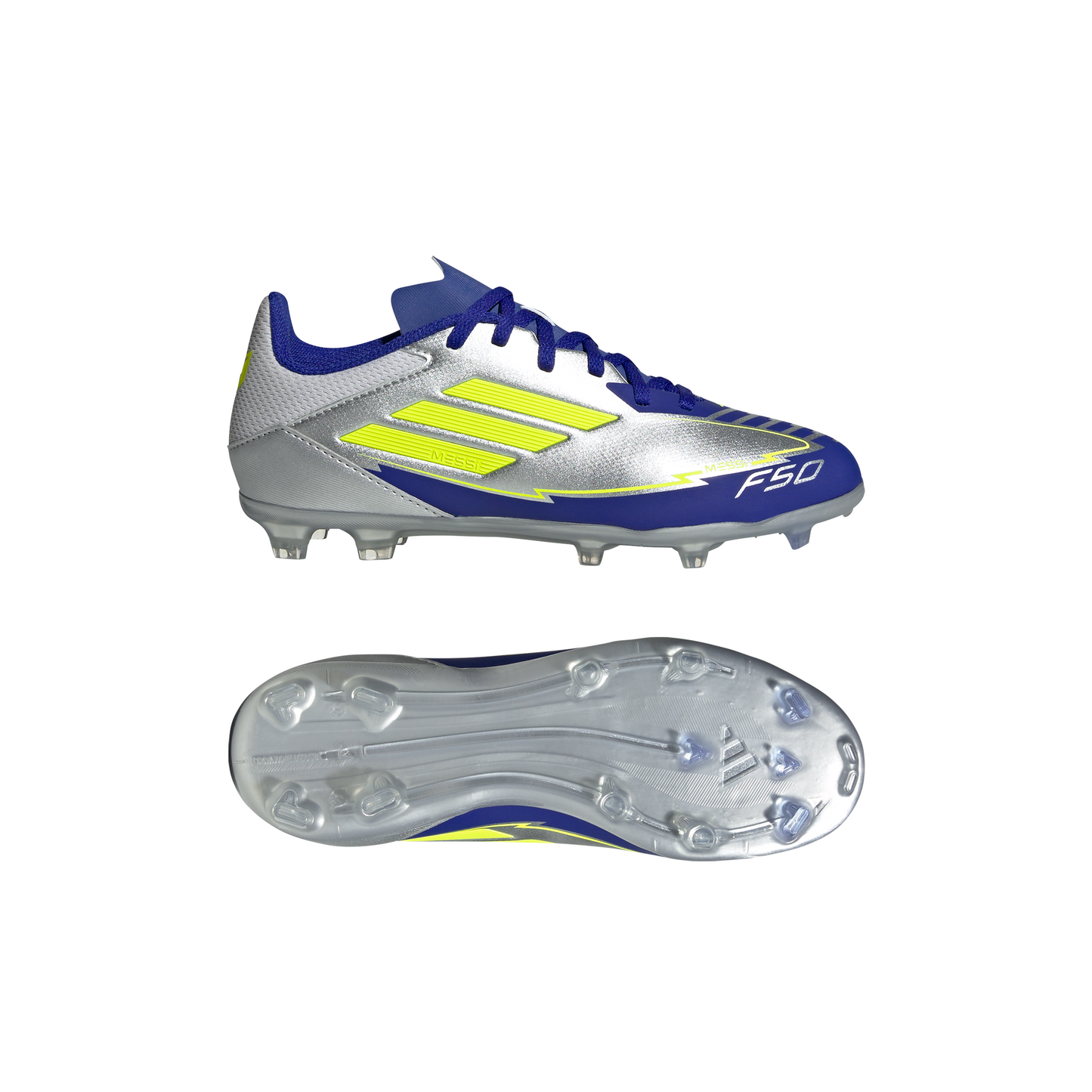 adidas Messi F50 League Junior FG Firm Ground Soccer Cleats -Silver Metallic/Solar Yellow/Lucid Blue