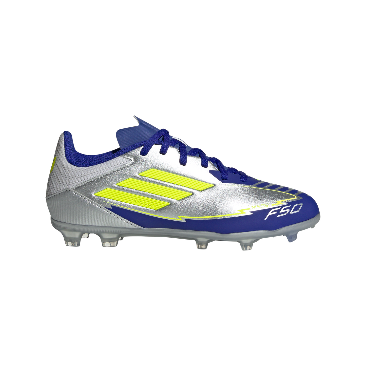 adidas Messi F50 League Junior FG Firm Ground Soccer Cleats -Silver Metallic/Solar Yellow/Lucid Blue