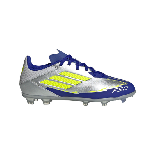 adidas Messi F50 League Junior FG Firm Ground Soccer Cleats -Silver Metallic/Solar Yellow/Lucid Blue