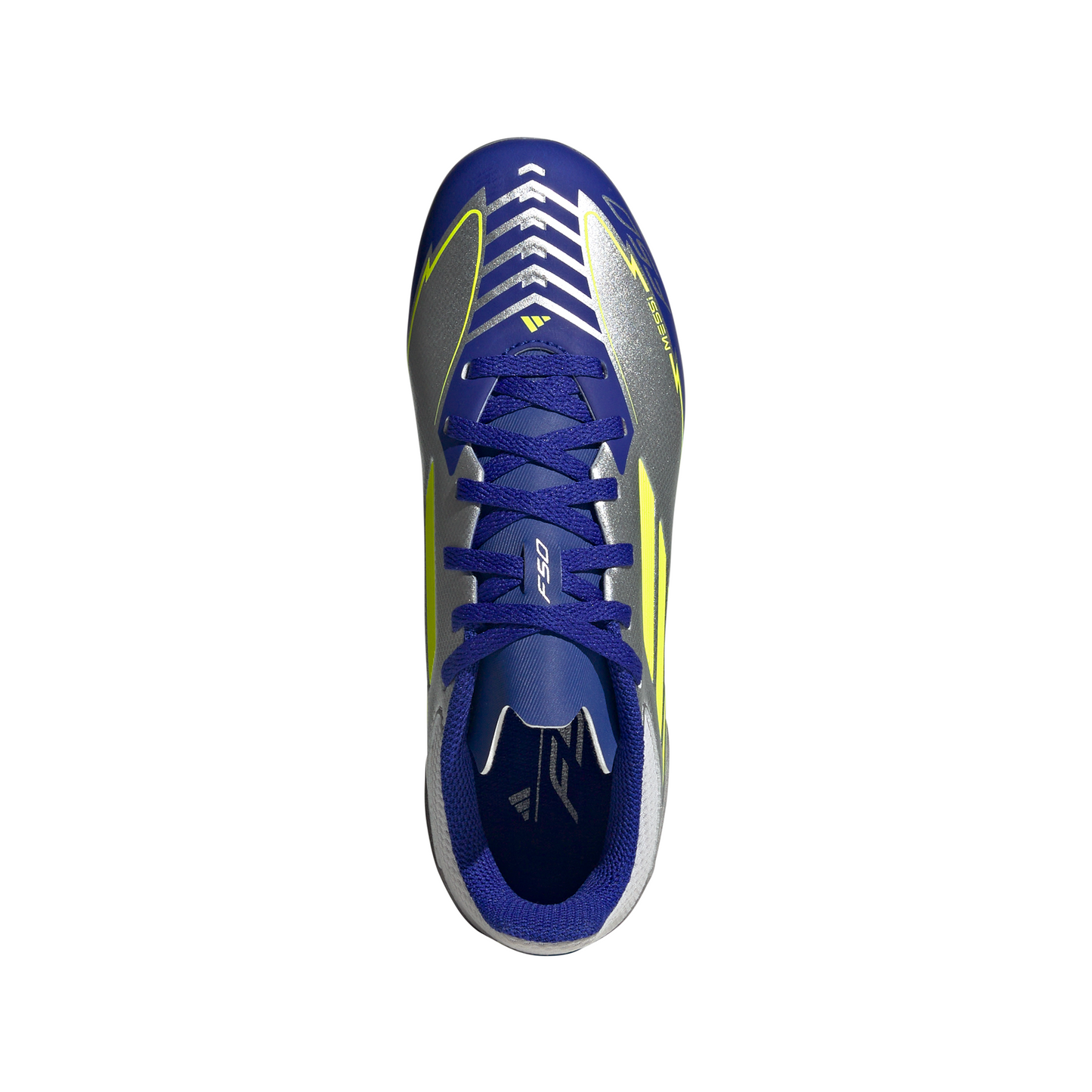 adidas Messi F50 League Junior FG Firm Ground Soccer Cleats -Silver Metallic/Solar Yellow/Lucid Blue