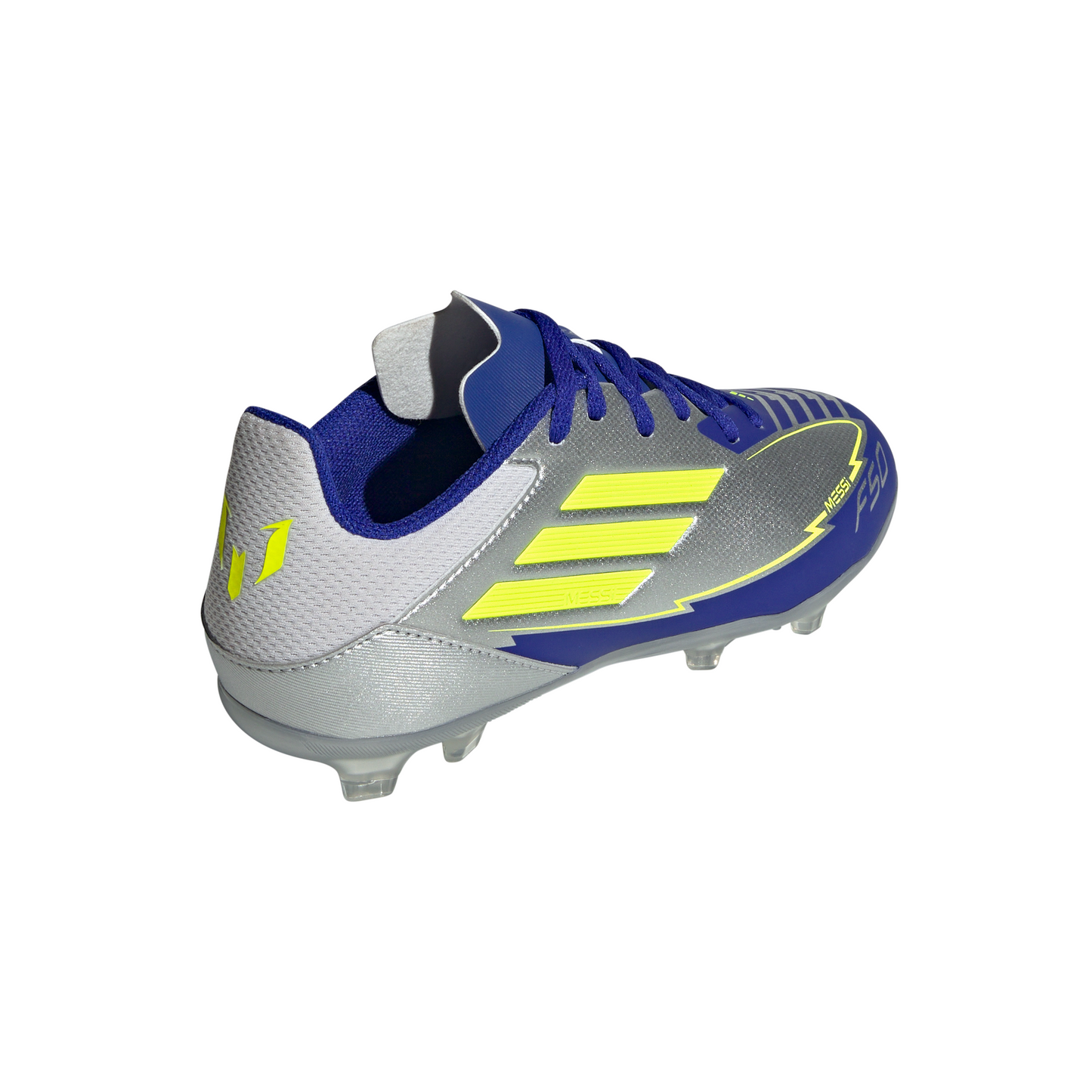 adidas Messi F50 League Junior FG Firm Ground Soccer Cleats -Silver Metallic/Solar Yellow/Lucid Blue
