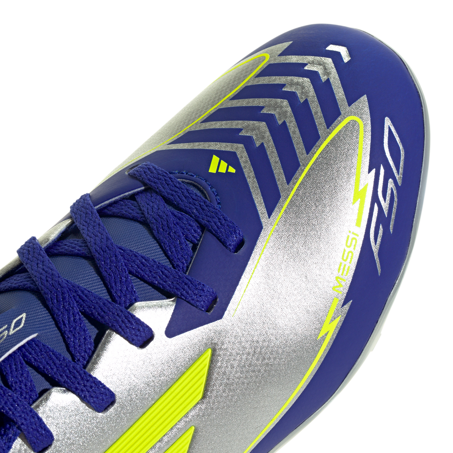 adidas Messi F50 League Junior FG Firm Ground Soccer Cleats -Silver Metallic/Solar Yellow/Lucid Blue