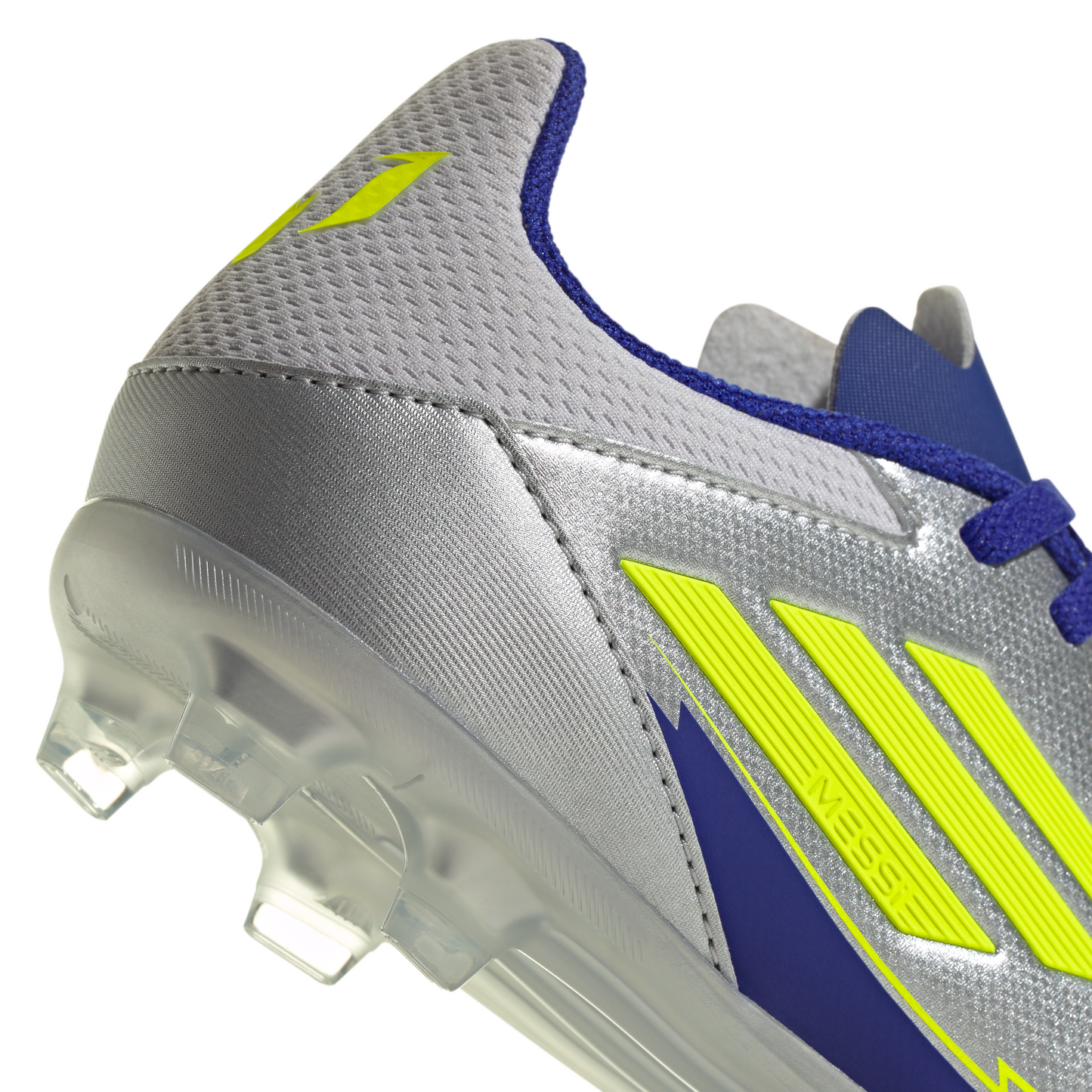 adidas Messi F50 League Junior FG Firm Ground Soccer Cleats -Silver Metallic/Solar Yellow/Lucid Blue
