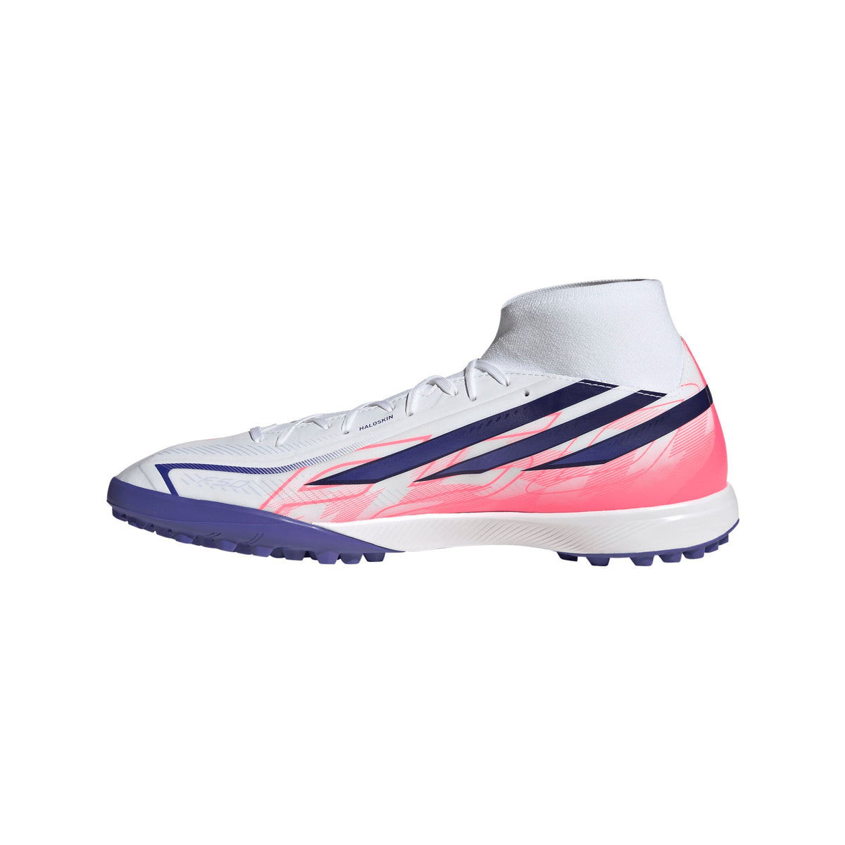 adidas F50 Hyperfast League Mid TF Turf Soccer Cleats - Cloud White / Solar Purple / Solar Turbo