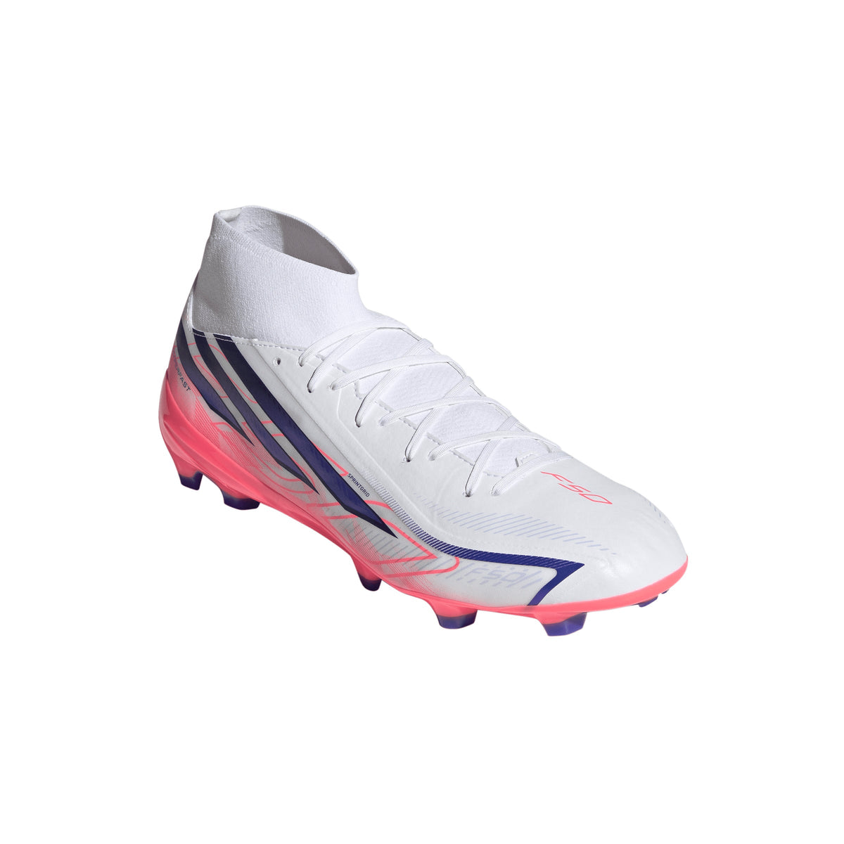 adidas F50 Hyperfast League Mid FG Firm Ground Soccer Cleats - Cloud White / Solar Purple / Solar Turbo