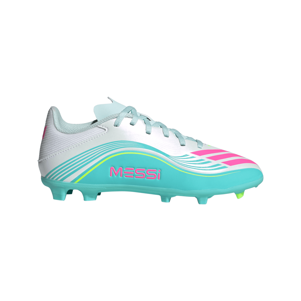 adidas Messi F50 League Junior FG Firm Ground Soccer Cleats -Cloud White / Lucid Pink / Flash Aqua