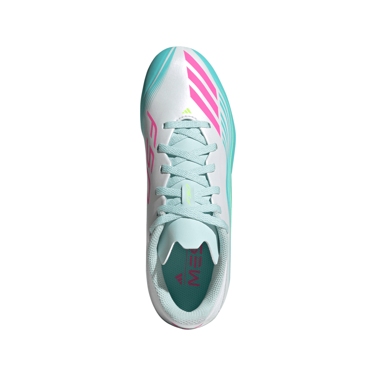 adidas Messi F50 League Junior FG Firm Ground Soccer Cleats -Cloud White / Lucid Pink / Flash Aqua
