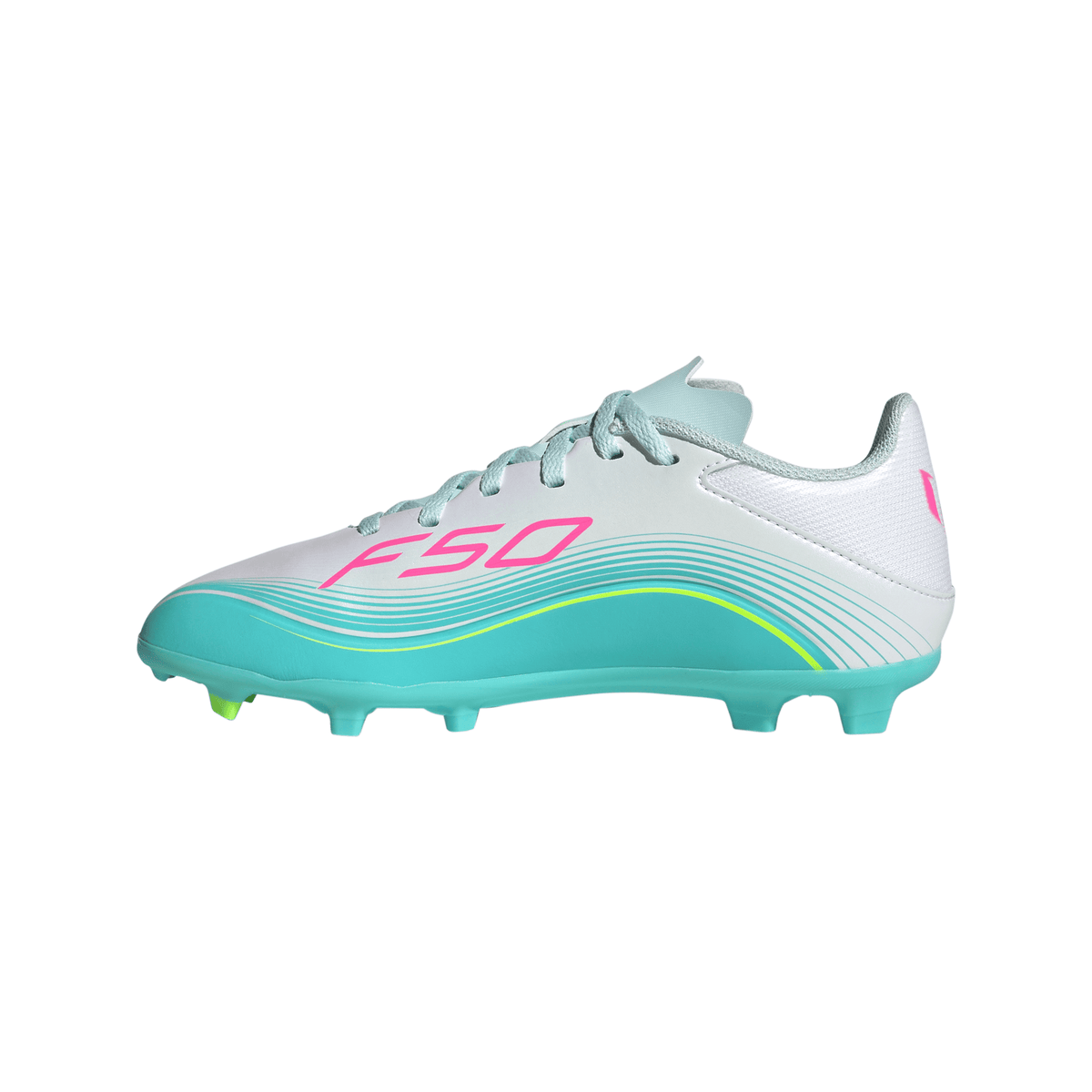 adidas Messi F50 League Junior FG Firm Ground Soccer Cleats -Cloud White / Lucid Pink / Flash Aqua