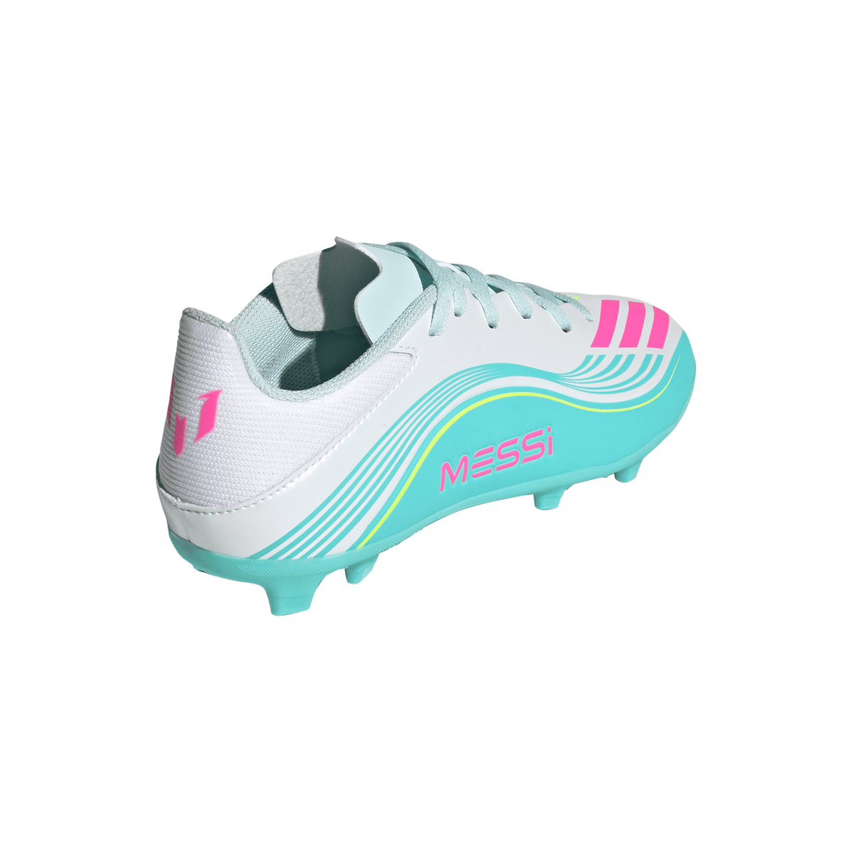 adidas Messi F50 League Junior FG Firm Ground Soccer Cleats -Cloud White / Lucid Pink / Flash Aqua