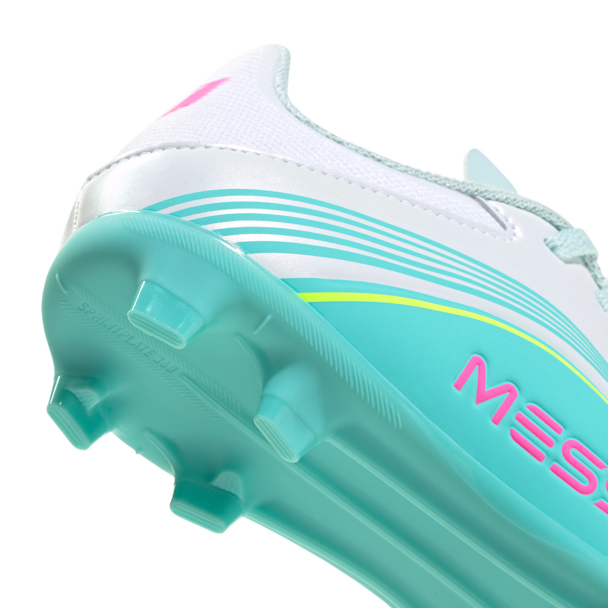 adidas Messi F50 League Junior FG Firm Ground Soccer Cleats -Cloud White / Lucid Pink / Flash Aqua