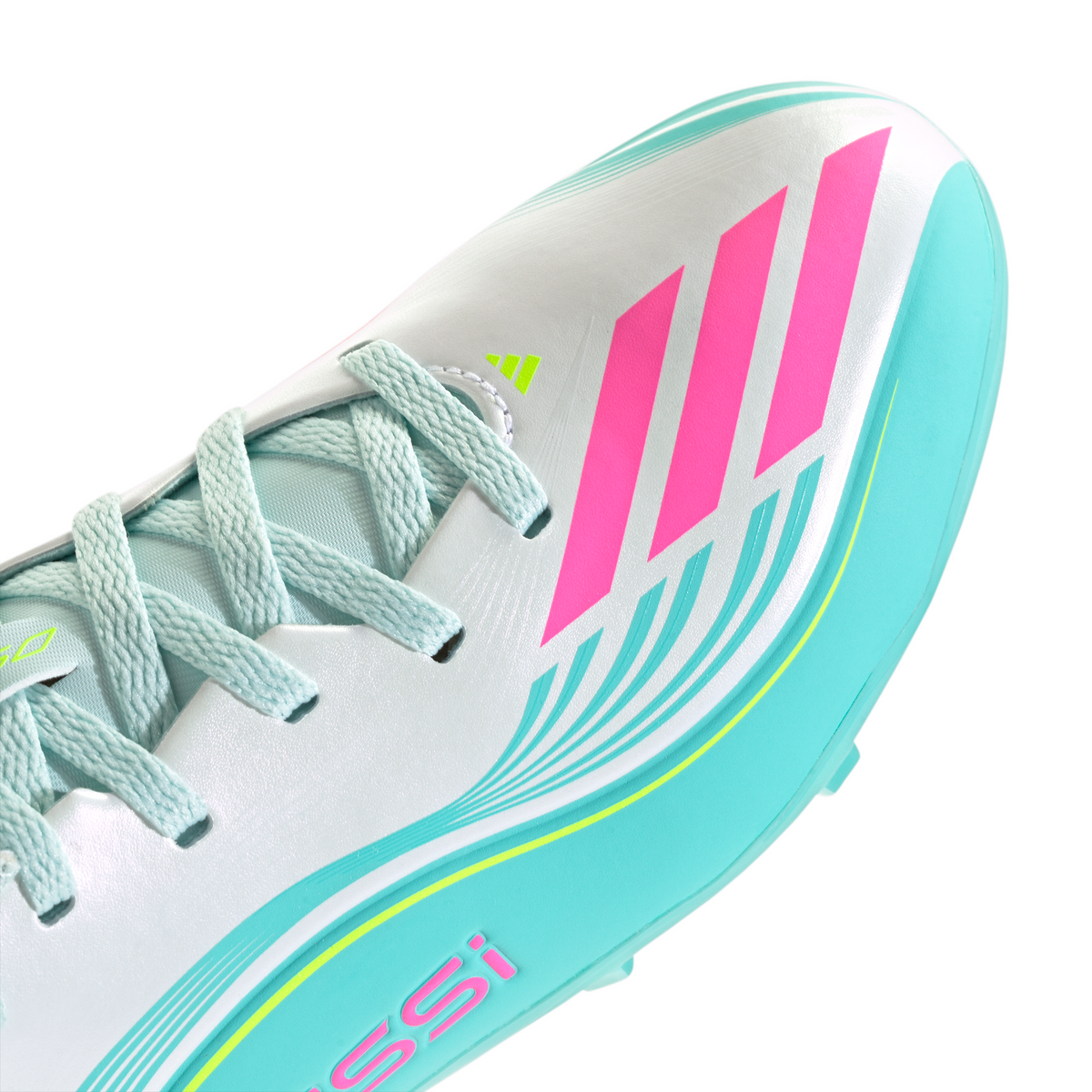 adidas Messi F50 League Junior FG Firm Ground Soccer Cleats -Cloud White / Lucid Pink / Flash Aqua
