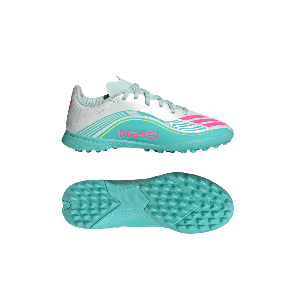 adidas Messi F50 League Junior TF Turf Soccer Cleats -Cloud White / Lucid Pink / Flash Aqua