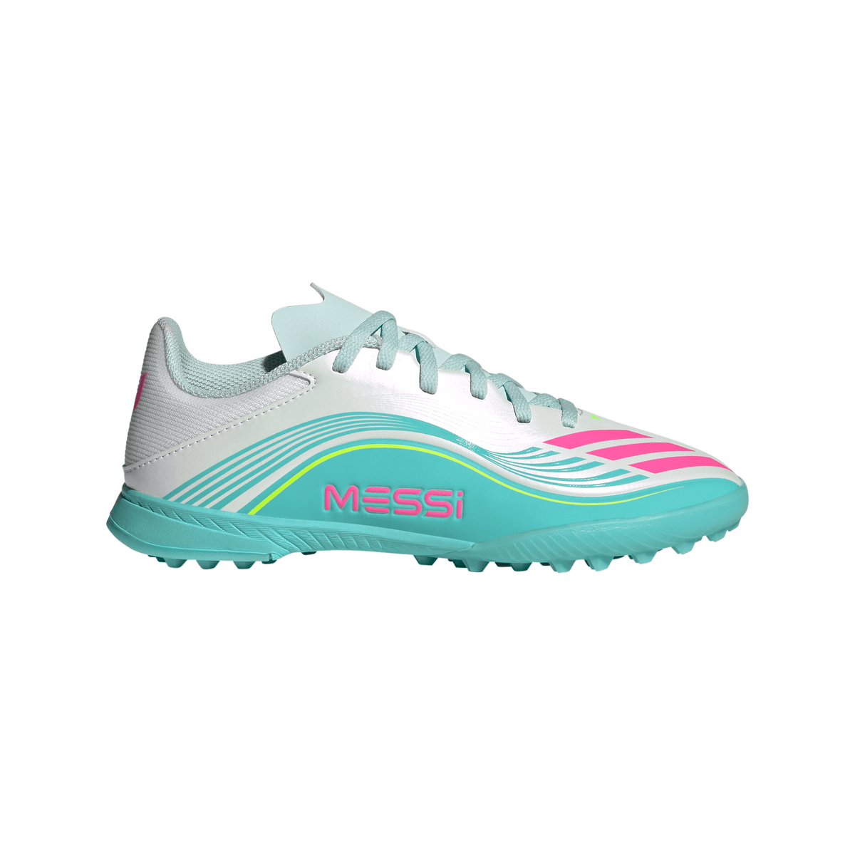 adidas Messi F50 League Junior TF Turf Soccer Cleats -Cloud White / Lucid Pink / Flash Aqua