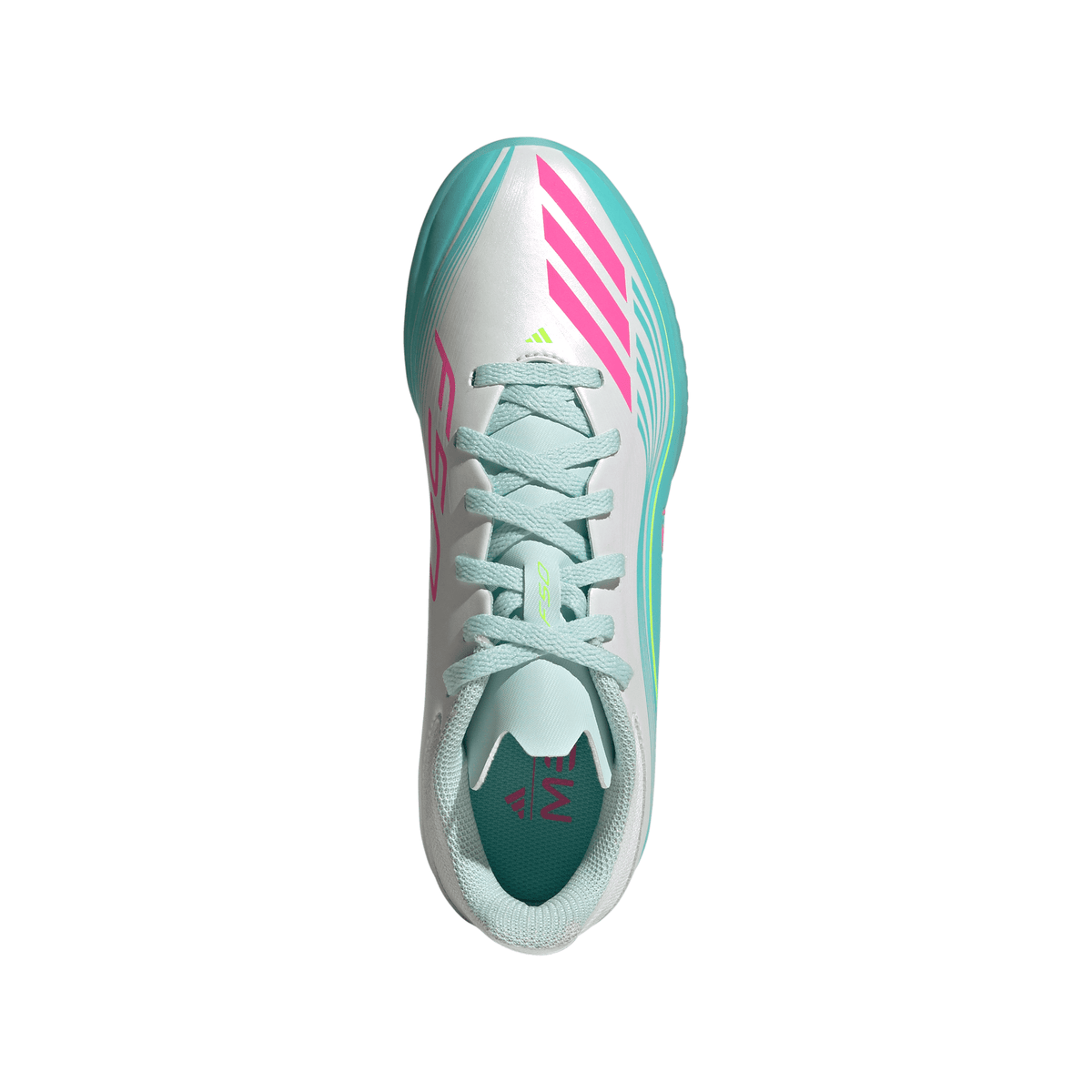 adidas Messi F50 League Junior TF Turf Soccer Cleats -Cloud White / Lucid Pink / Flash Aqua