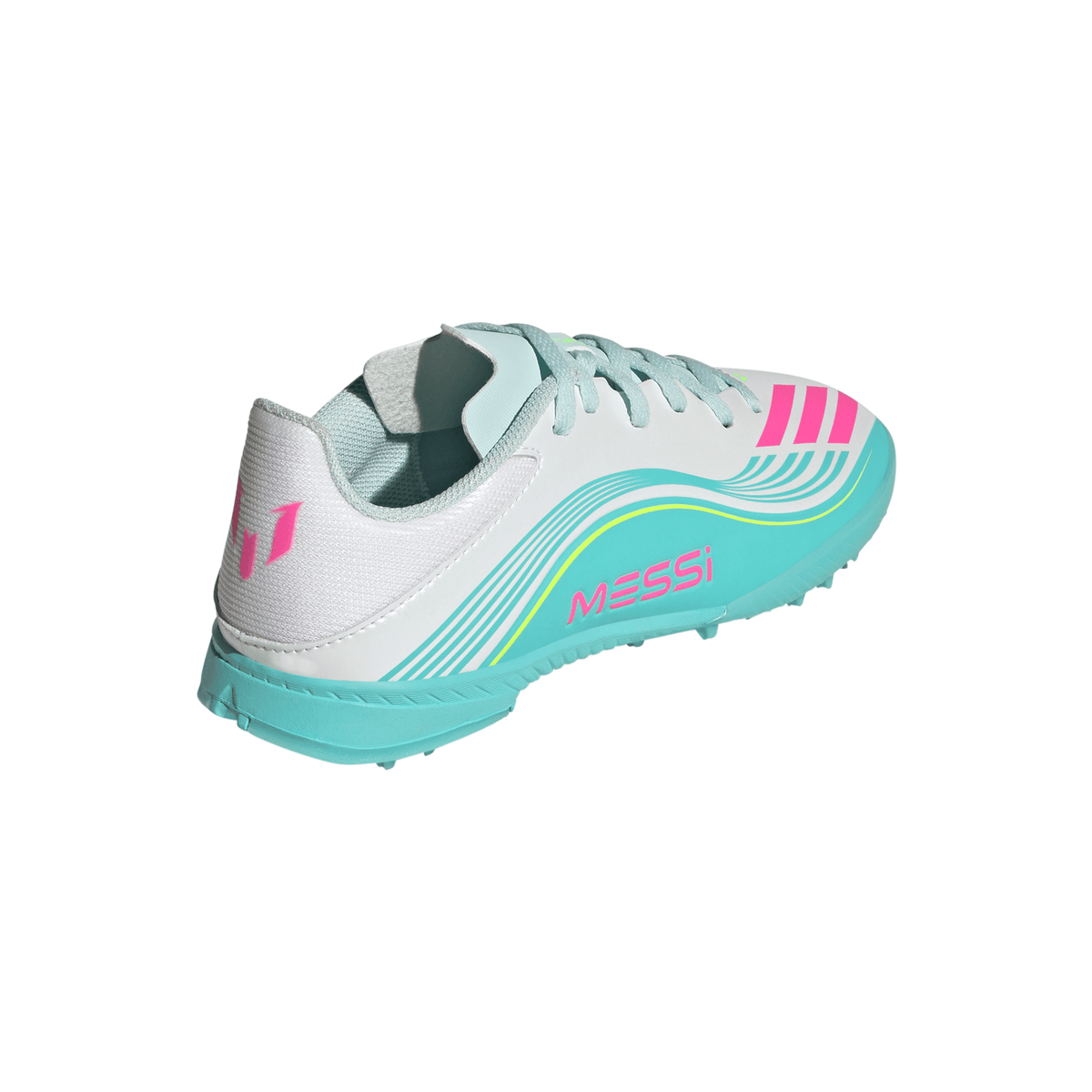 adidas Messi F50 League Junior TF Turf Soccer Cleats -Cloud White / Lucid Pink / Flash Aqua