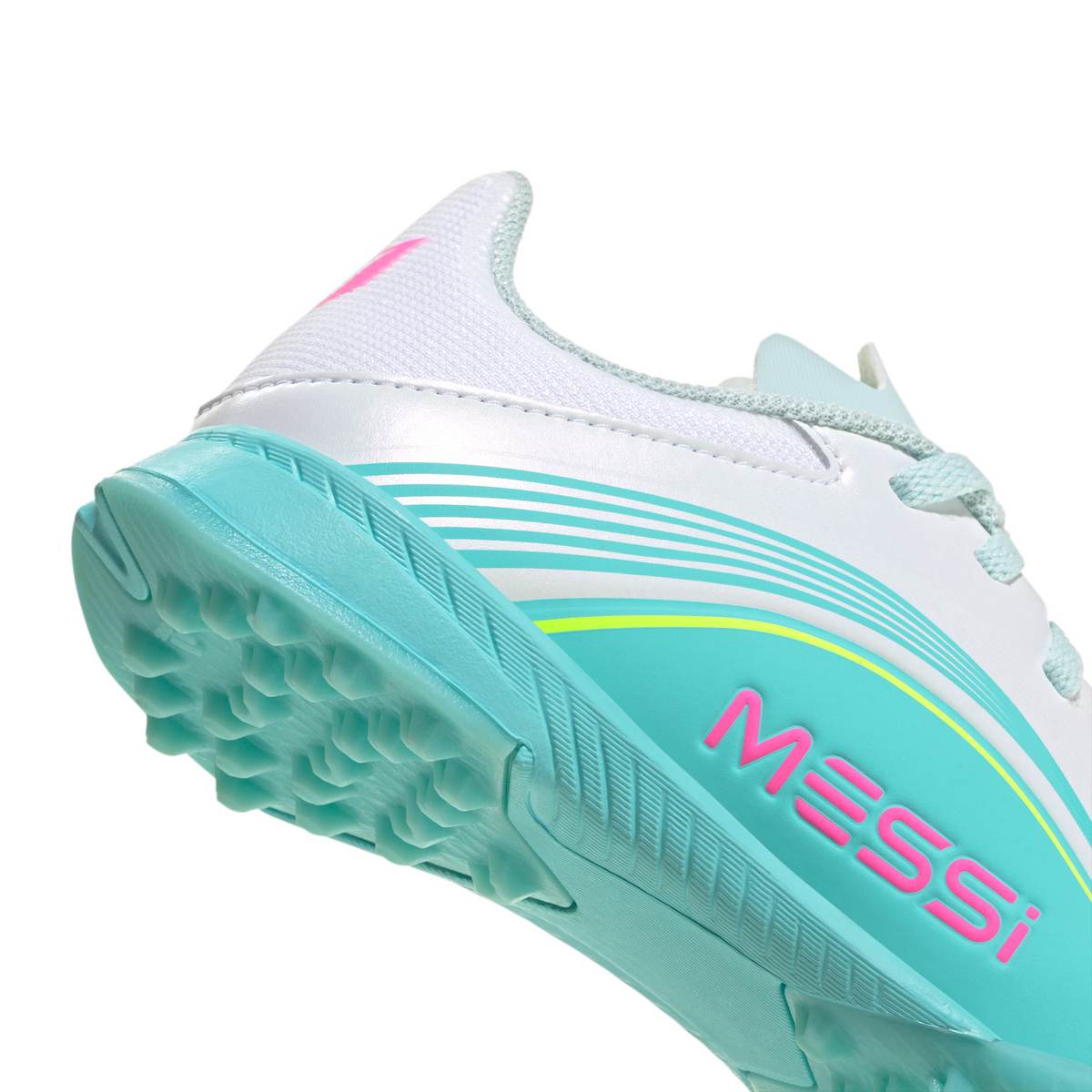 adidas Messi F50 League Junior TF Turf Soccer Cleats -Cloud White / Lucid Pink / Flash Aqua