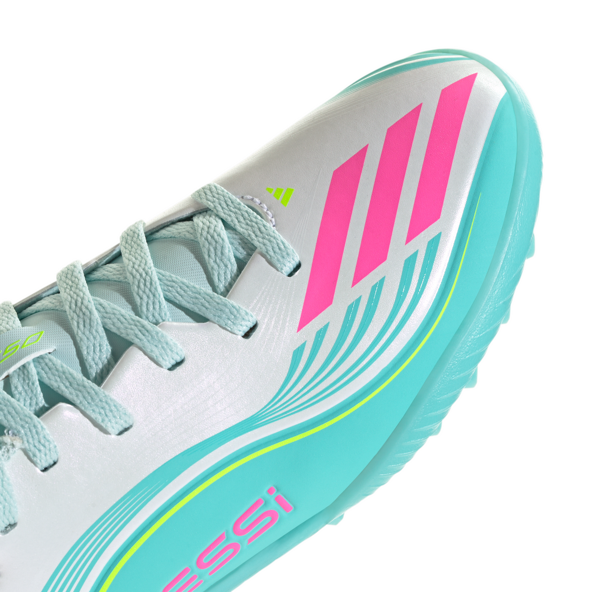 adidas Messi F50 League Junior TF Turf Soccer Cleats -Cloud White / Lucid Pink / Flash Aqua