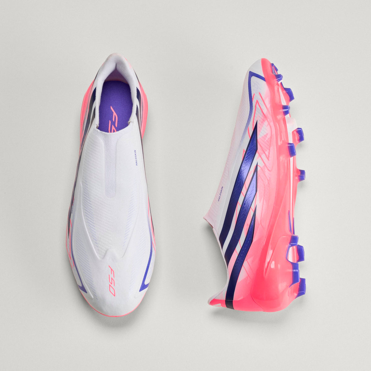 adidas F50 Hyperfast League Laceless FG Firm Ground Soccer Cleats - Cloud White / Solar Purple / Solar Turbo