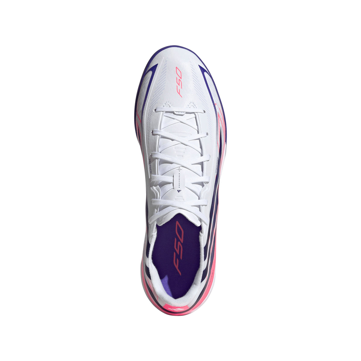 adidas F50 Hyperfast League TF Turf Soccer Cleats - Cloud White / Solar Purple / Solar Turbo