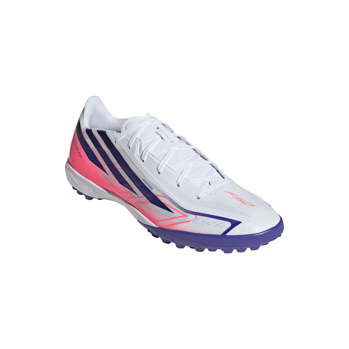 adidas F50 Hyperfast League TF Turf Soccer Cleats - Cloud White / Solar Purple / Solar Turbo