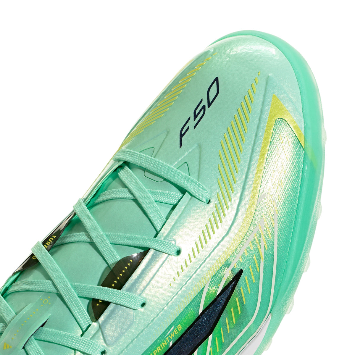 adidas F50 Hyperfast Pro TF Turf Soccer Cleats - Pulse Mint / Night Navy / Solar Lemon