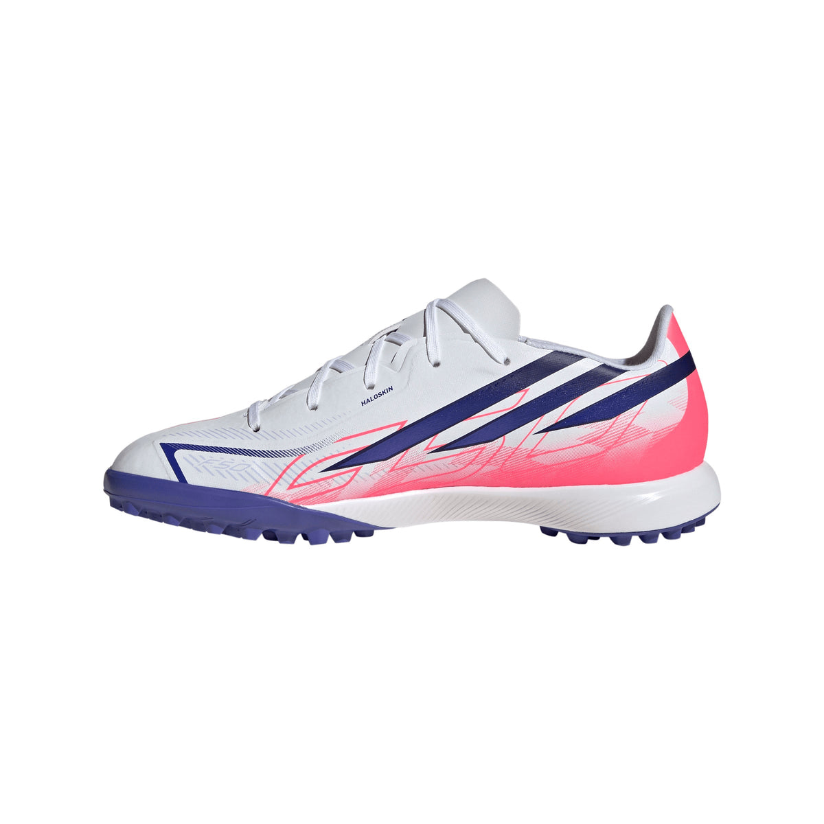 adidas F50 Hyperfast League Junior TF Turf Soccer Cleats- Cloud White / Solar Purple / Solar Turbo