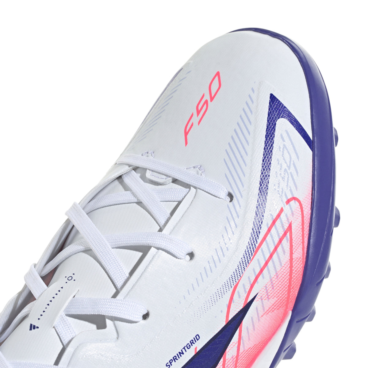 adidas F50 Hyperfast League Junior TF Turf Soccer Cleats- Cloud White / Solar Purple / Solar Turbo