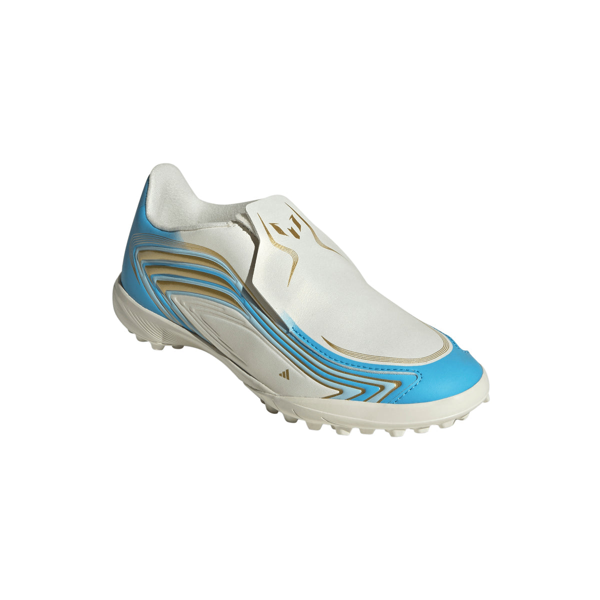 adidas Messi F50 League Junior TF Turf Soccer Cleats- Ivory / Semi Blue Burst / Icey Blue