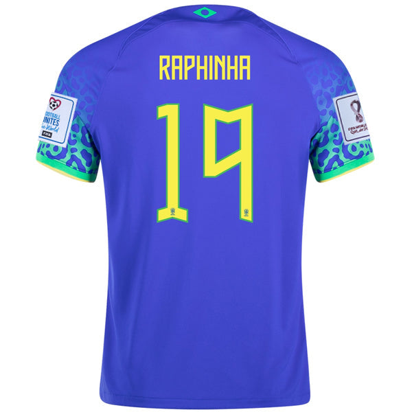 Nike Brazil Raphinha Away Jersey 22/23 w/ World Cup 2022 Patches (Paramount Blue/Green Spark)