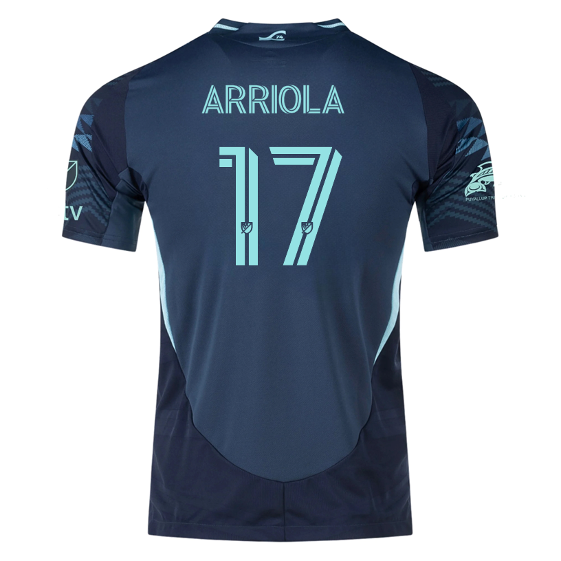 adidas P. Arriola Seattle Sounders Authentic Away Jersey 25/26 w/ MLS Patches & Sponsor (Aura Ink)