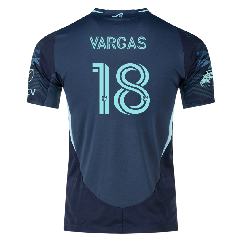 adidas O. Vargas Seattle Sounders Authentic Away Jersey 25/26 w/ MLS Patches & Sponsor (Aura Ink)
