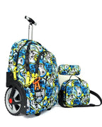 Cartable scolaire 3 pièces à roulettes bleu et jaune avec trousse et sac isotherme