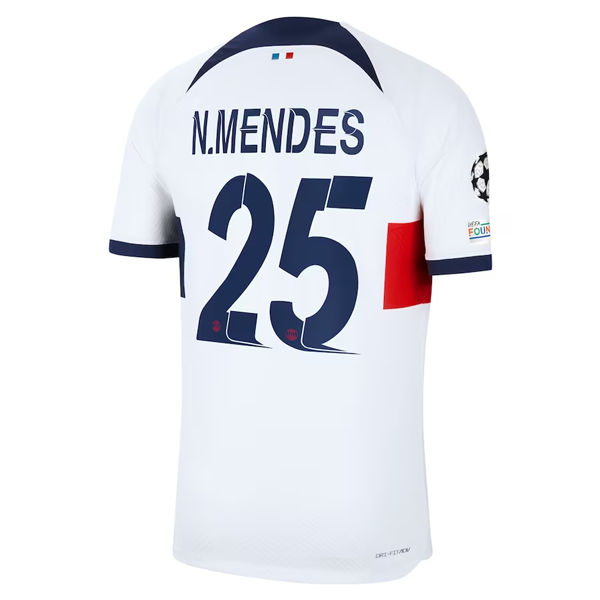 Nike Paris Saint-Germain Authentic Nuno Mendes Match Vaporknit Away Jersey w/ Champions League Patches 23/24 (White/Midnight Navy)
