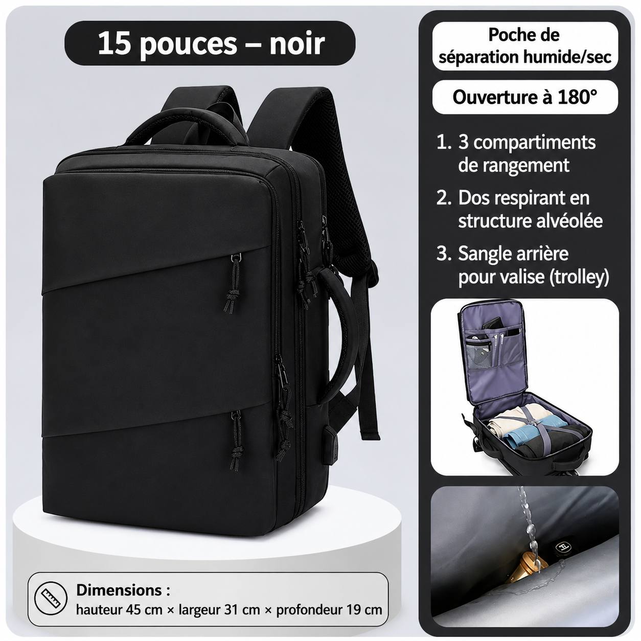 Sac à Dos Multifonction Imperméable – Ordinateur 15,6 Pouces, Ouverture 180°, Grande Capacité | Voyage, Travail & École