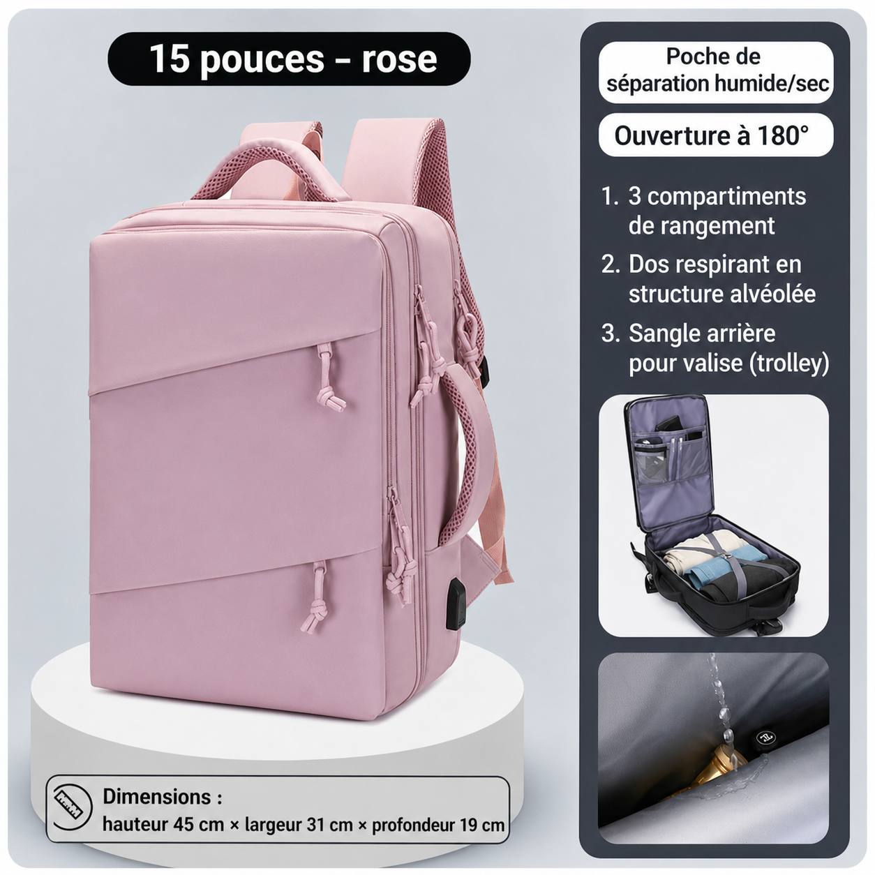 Sac à Dos Multifonction Imperméable – Ordinateur 15,6 Pouces, Ouverture 180°, Grande Capacité | Voyage, Travail & École