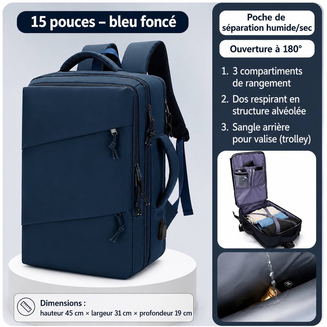 Sac à Dos Multifonction Imperméable – Ordinateur 15,6 Pouces, Ouverture 180°, Grande Capacité | Voyage, Travail & École