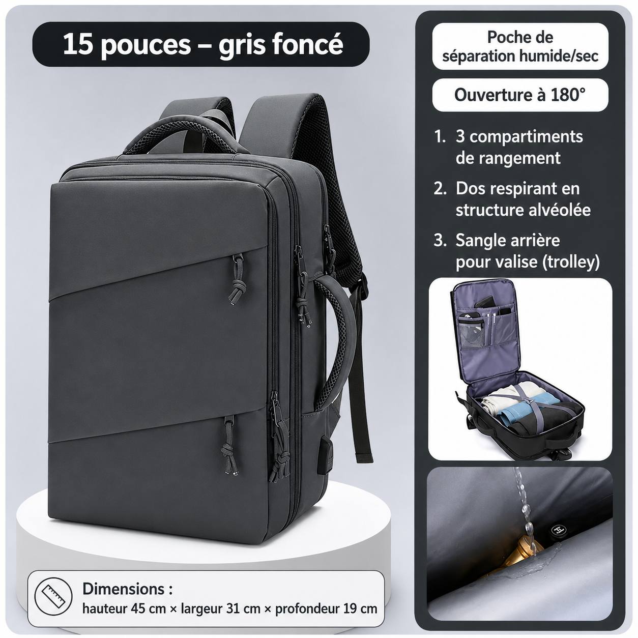 Sac à Dos Multifonction Imperméable – Ordinateur 15,6 Pouces, Ouverture 180°, Grande Capacité | Voyage, Travail & École