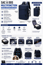 Sac à Dos Multifonction Imperméable – Ordinateur 15,6 Pouces, Ouverture 180°, Grande Capacité | Voyage, Travail & École