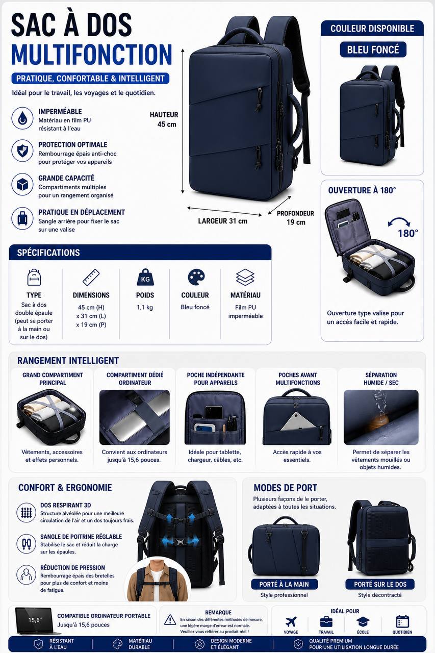 Sac à Dos Multifonction Imperméable – Ordinateur 15,6 Pouces, Ouverture 180°, Grande Capacité | Voyage, Travail & École