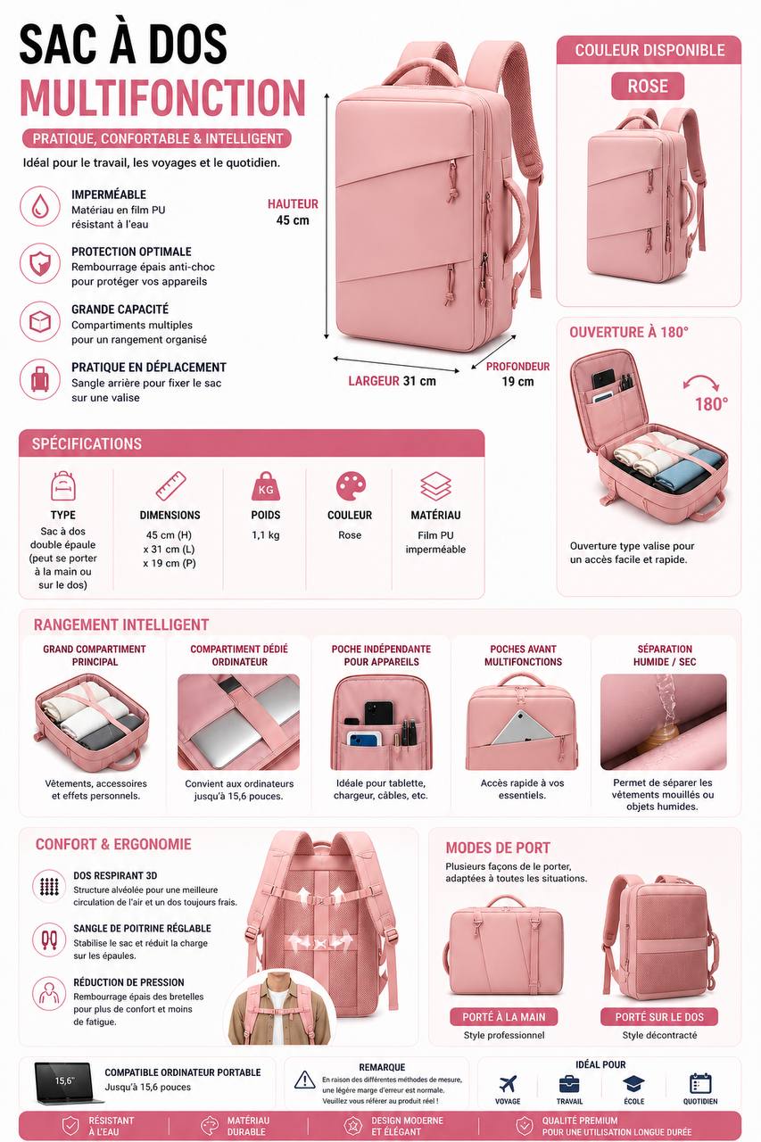Sac à Dos Multifonction Imperméable – Ordinateur 15,6 Pouces, Ouverture 180°, Grande Capacité | Voyage, Travail & École