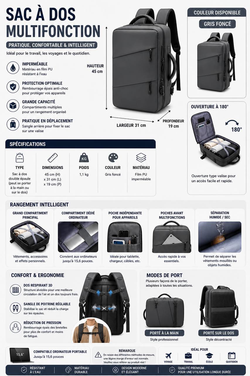 Sac à Dos Multifonction Imperméable – Ordinateur 15,6 Pouces, Ouverture 180°, Grande Capacité | Voyage, Travail & École