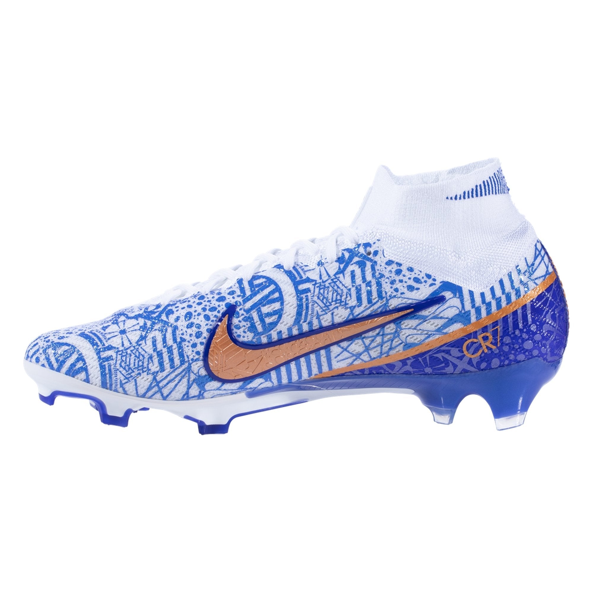 Nike Air Zoom Mercurial Superfly 9 Elite CR7 FG  Firm Ground Soccer Cleats- White/MetallicCopper/Concord/MediumBlue