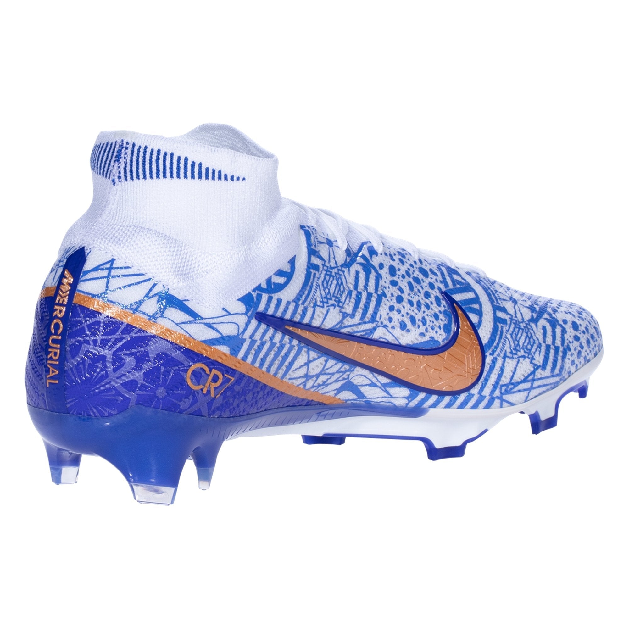Nike Air Zoom Mercurial Superfly 9 Elite CR7 FG  Firm Ground Soccer Cleats- White/MetallicCopper/Concord/MediumBlue