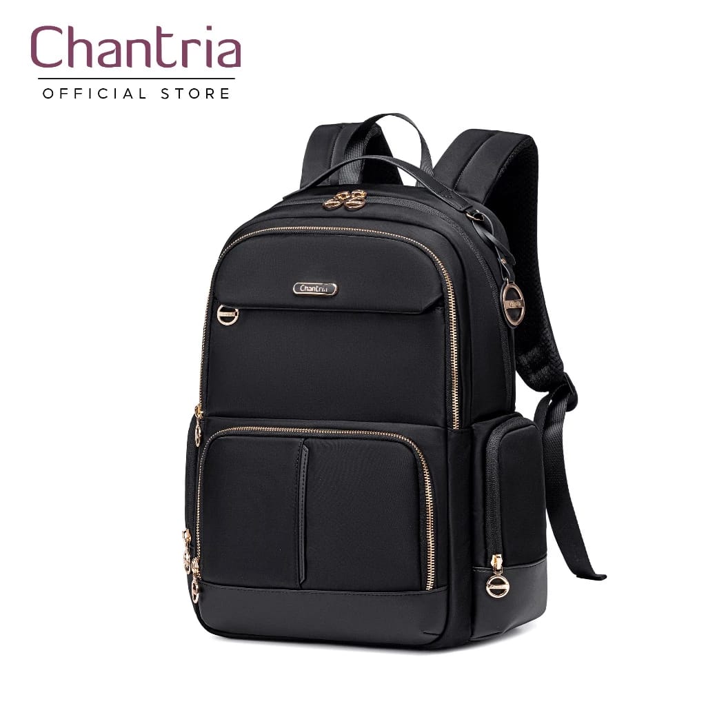 Sac à dos femme Chantria noir finitions dorées - laptop 15,6 pouces élégant